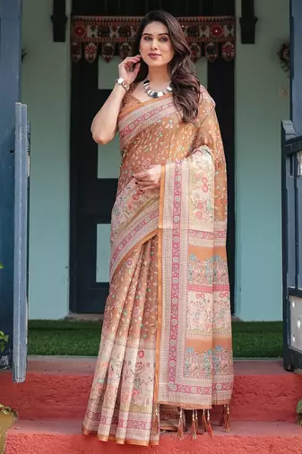 Pure cotton handloom saree with floral print and designer tassels