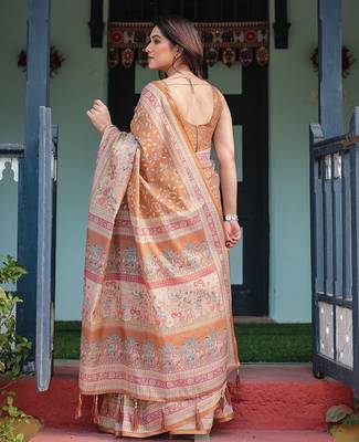 Pure cotton handloom saree with floral print and designer tassels 3