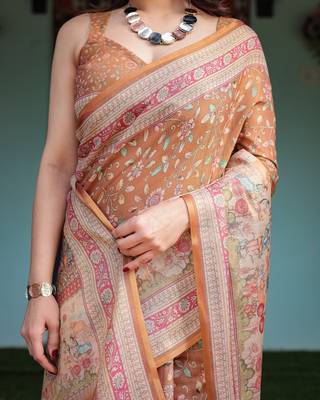 Pure cotton handloom saree with floral print and designer tassels 4