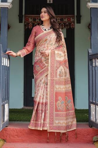 Floral printed cotton saree in handloom weave with blouse piece – 5.5m