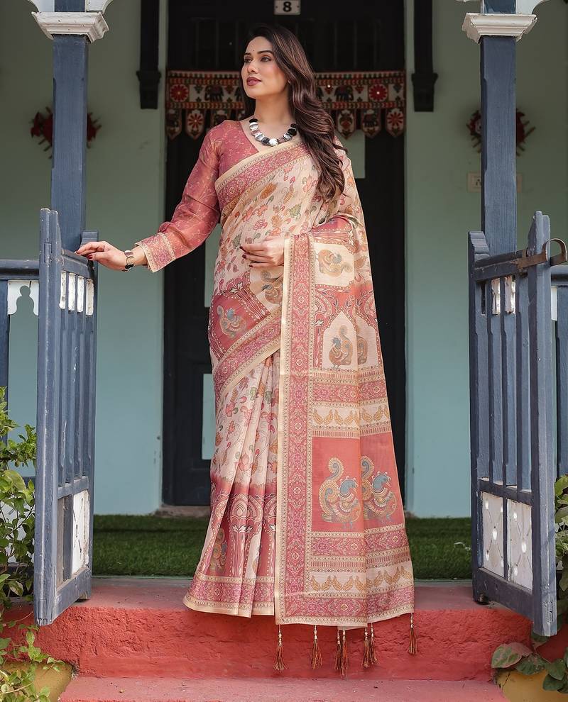 Floral printed cotton saree in handloom weave with blouse piece     5.5m