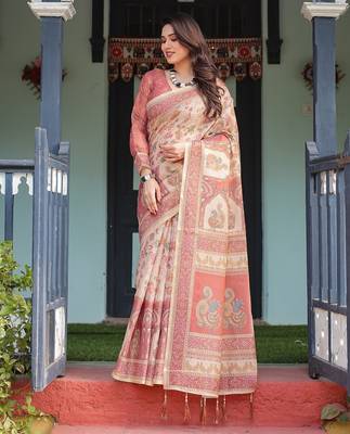 Floral printed cotton saree in handloom weave with blouse piece     5.5m 2