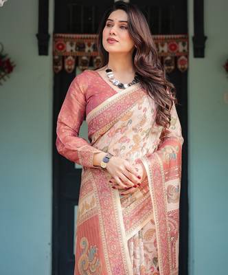 Floral printed cotton saree in handloom weave with blouse piece     5.5m 5