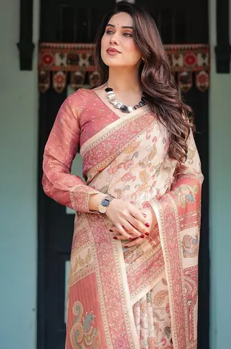 Floral printed cotton saree in handloom weave with blouse piece     5.5m