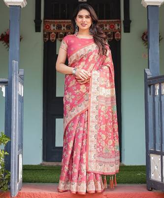 Traditional handloom cotton floral saree with matching blouse & tassel detailing 1