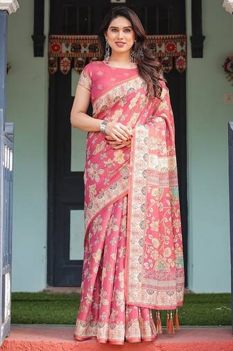 Traditional handloom cotton floral saree with matching blouse & tassel detailing