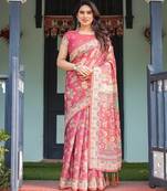 Traditional handloom cotton floral saree with matching blouse & tassel detailing