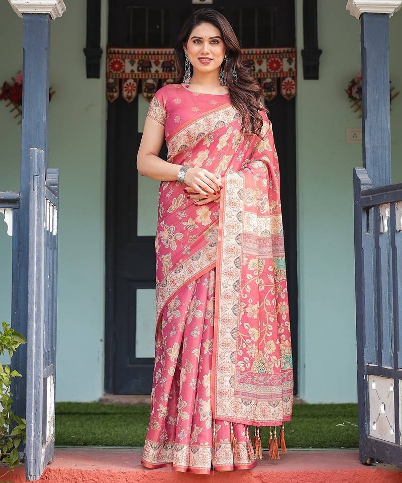Traditional handloom cotton floral saree with matching blouse & tassel detailing