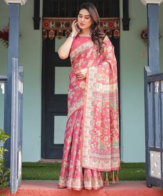Traditional handloom cotton floral saree with matching blouse & tassel detailing 2