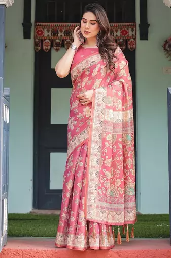 Traditional handloom cotton floral saree with matching blouse & tassel detailing