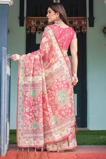 Traditional handloom cotton floral saree with matching blouse & tassel detailing