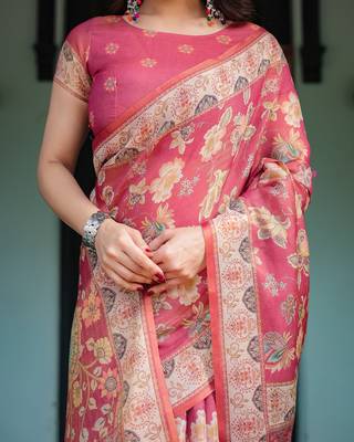 Traditional handloom cotton floral saree with matching blouse & tassel detailing 4