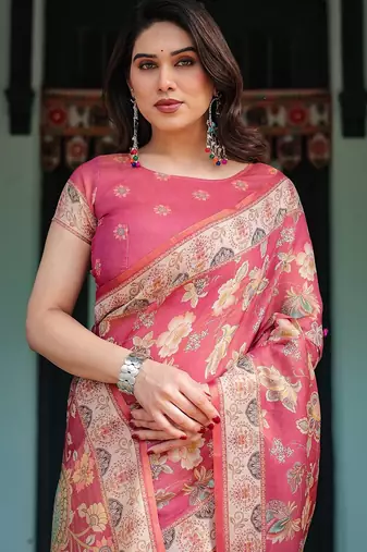 Traditional handloom cotton floral saree with matching blouse & tassel detailing