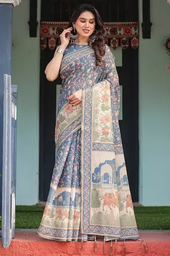 Soft handloom cotton floral saree with tassels     includes 0.8m blouse