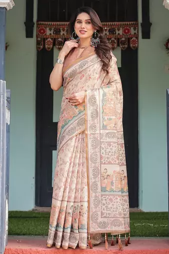 Printed floral handloom cotton saree with stylish tassel finish – ready to wear