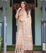 Printed floral handloom cotton saree with stylish tassel finish     ready to wear