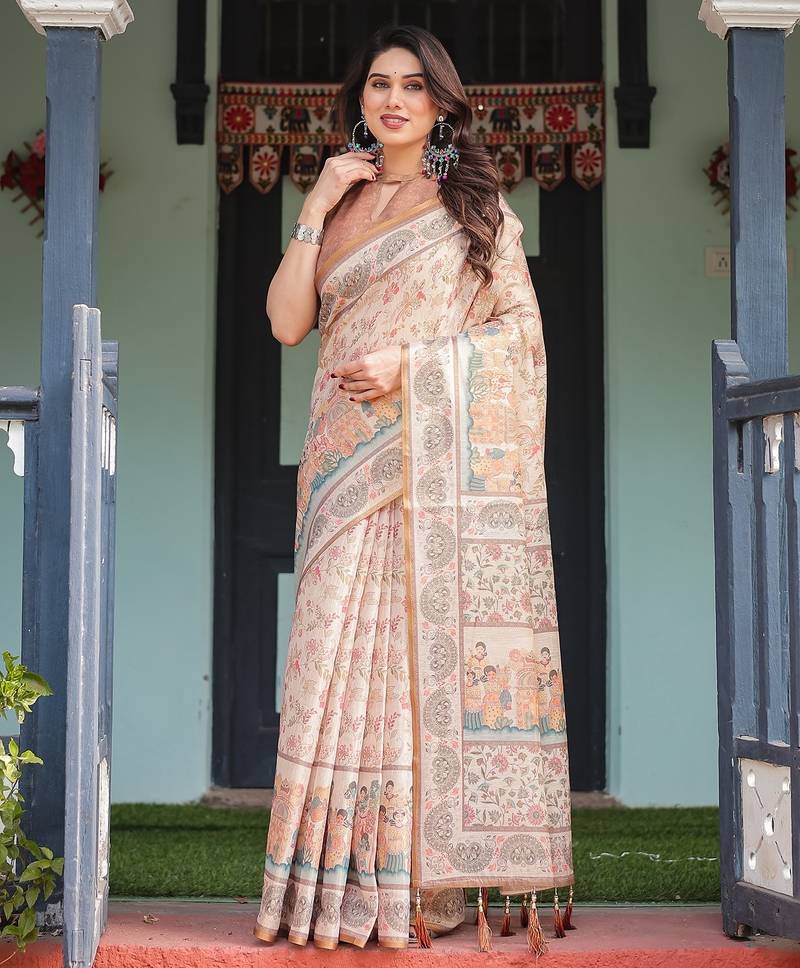 Printed floral handloom cotton saree with stylish tassel finish     ready to wear