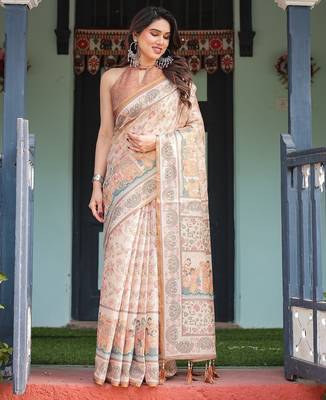 Printed floral handloom cotton saree with stylish tassel finish     ready to wear 2