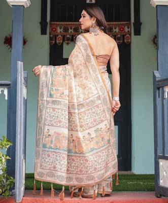 Printed floral handloom cotton saree with stylish tassel finish     ready to wear 3