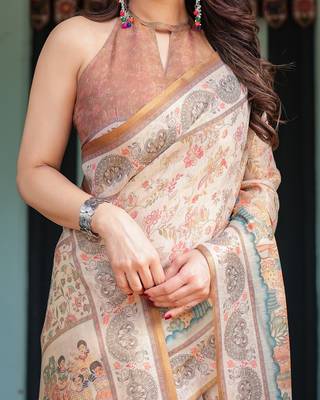 Printed floral handloom cotton saree with stylish tassel finish     ready to wear 4