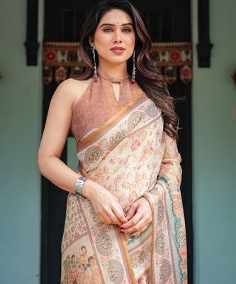 Printed floral handloom cotton saree with stylish tassel finish     ready to wear 5