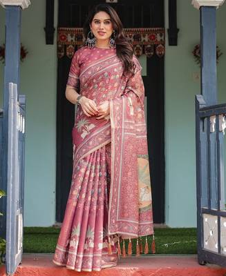 Graceful handloom cotton saree with artistic floral print & tassels 1