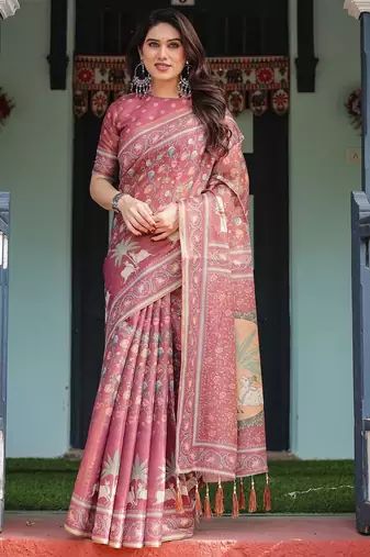 Graceful handloom cotton saree with artistic floral print & tassels