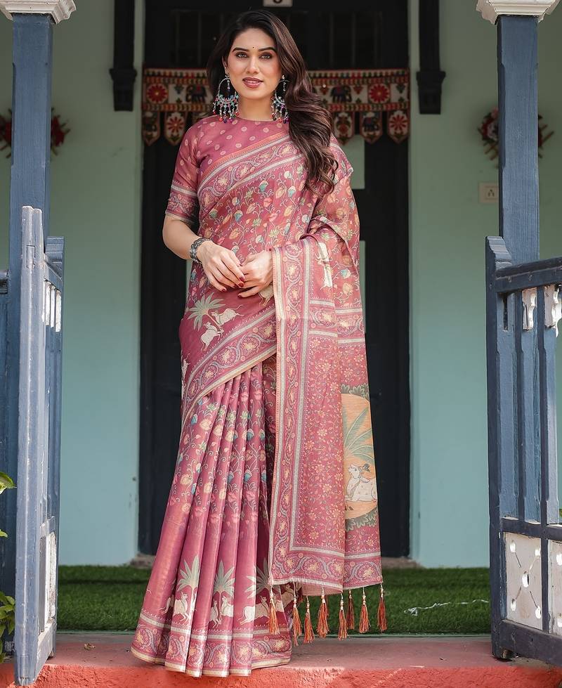 Graceful handloom cotton saree with artistic floral print & tassels