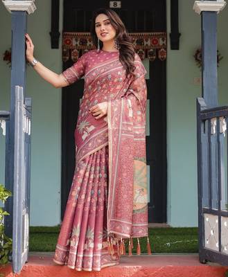 Graceful handloom cotton saree with artistic floral print & tassels 2