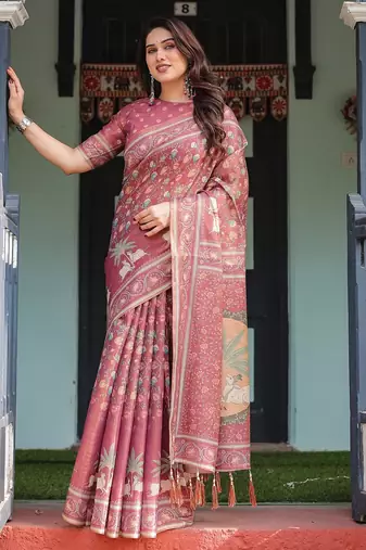 Graceful handloom cotton saree with artistic floral print & tassels