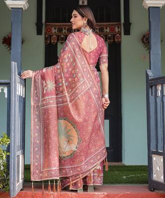 Graceful handloom cotton saree with artistic floral print & tassels 3