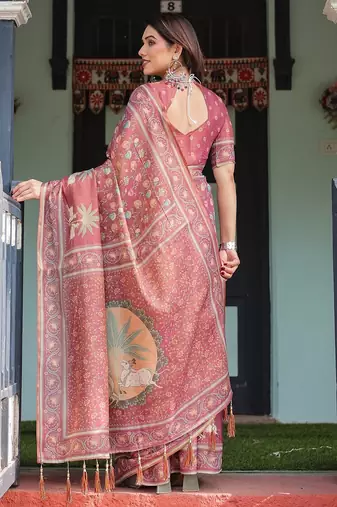 Graceful handloom cotton saree with artistic floral print & tassels