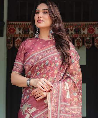 Graceful handloom cotton saree with artistic floral print & tassels 4