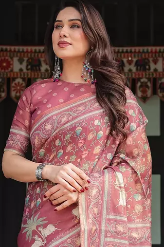 Graceful handloom cotton saree with artistic floral print & tassels