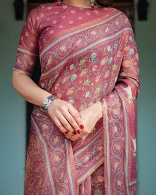 Graceful handloom cotton saree with artistic floral print & tassels 5