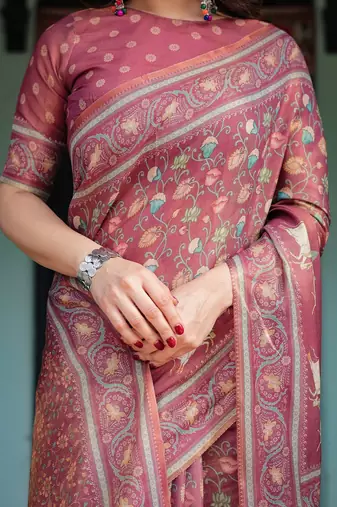 Graceful handloom cotton saree with artistic floral print & tassels