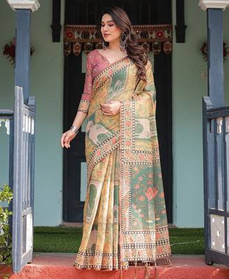 Designer floral print handloom cotton saree with tassel pallu & blouse 1