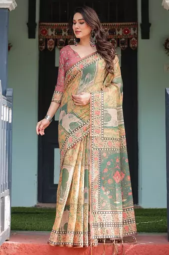 Designer floral print handloom cotton saree with tassel pallu & blouse