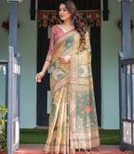 Designer floral print handloom cotton saree with tassel pallu & blouse
