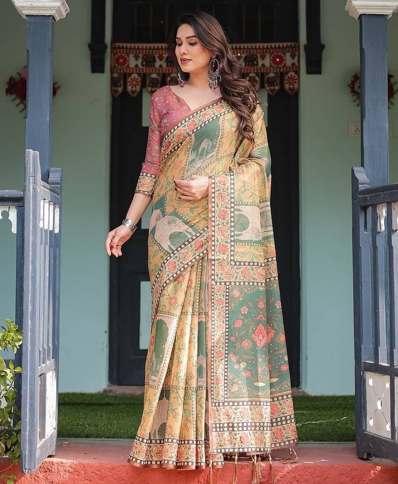 Designer floral print handloom cotton saree with tassel pallu & blouse