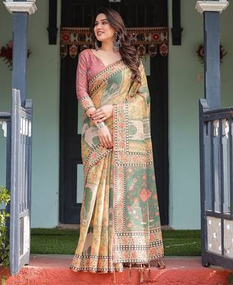 Designer floral print handloom cotton saree with tassel pallu & blouse 2