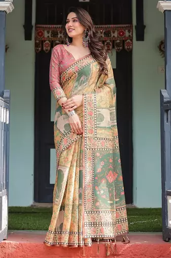 Designer floral print handloom cotton saree with tassel pallu & blouse
