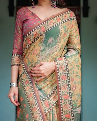 Designer floral print handloom cotton saree with tassel pallu & blouse 4