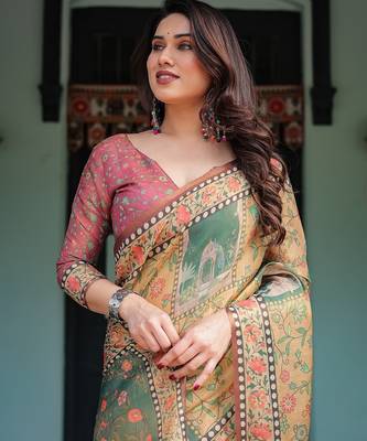 Designer floral print handloom cotton saree with tassel pallu & blouse 5