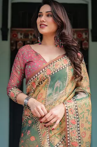 Designer floral print handloom cotton saree with tassel pallu & blouse