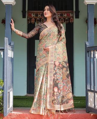 Cotton handloom saree with digital floral print and tassels     festive wear 1