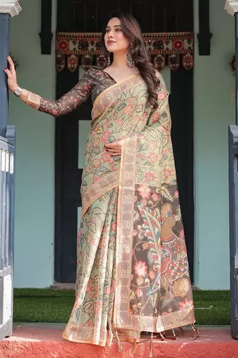 Cotton handloom saree with digital floral print and tassels – festive wear