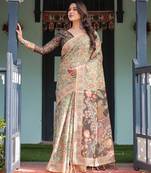 Cotton handloom saree with digital floral print and tassels     festive wear