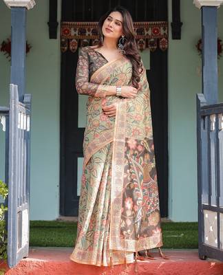 Cotton handloom saree with digital floral print and tassels     festive wear 2