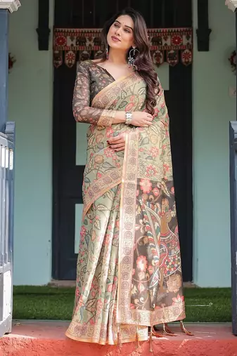 Cotton handloom saree with digital floral print and tassels     festive wear